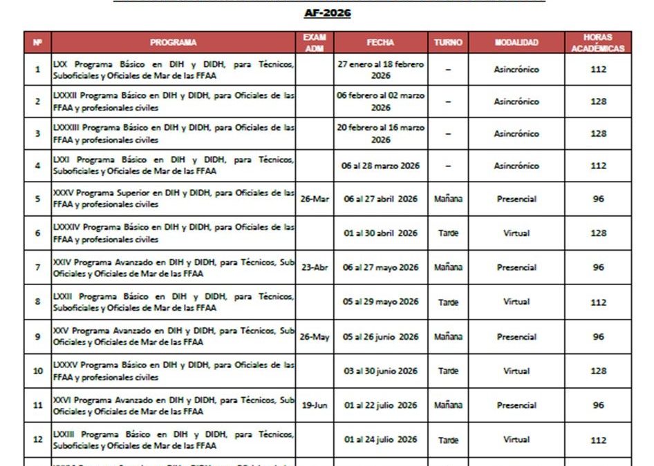 PROGRAMACIÓN ACADÉMICA DEL CENTRO DEL DIH Y DDHH DE LAS FFAA – AF 2026
